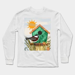 Chestnut-backed Chickadee on Green Bird House Long Sleeve T-Shirt